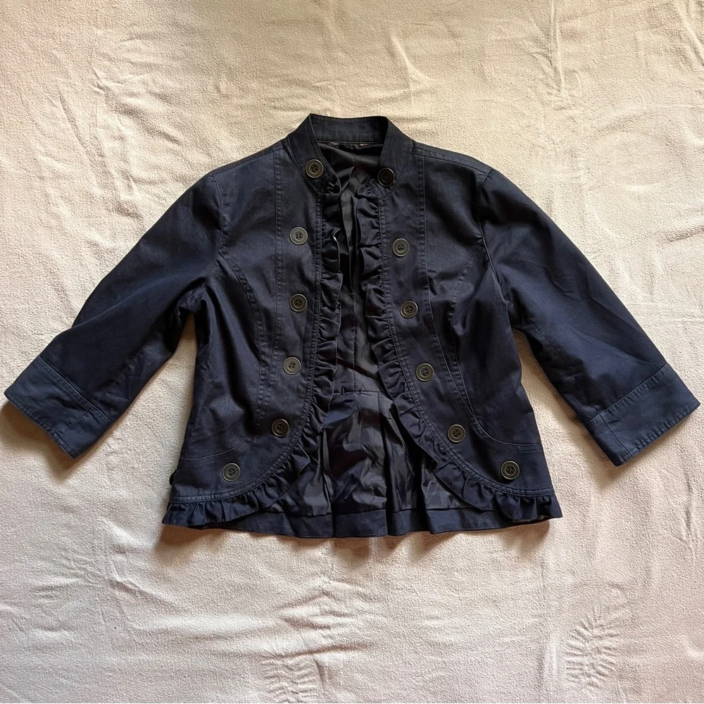 Navy Ruffled Button-Up Jacket - Picture 1 of 8